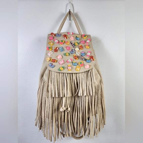 Target Women's Fringe Beige Backpack with Upcycled Colorful Resin Plastic Candy - Picture 1 of 16